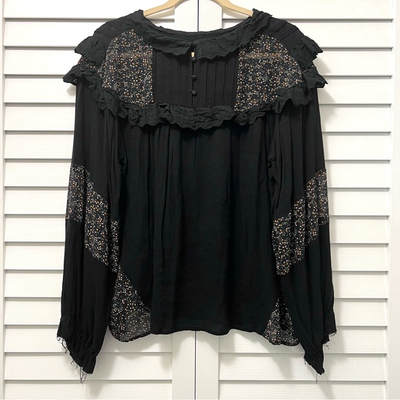 Anthropologie Pol Ruffle Collar Blouse Long Sleeve Black Oversized Size Large - Picture 4 of 11